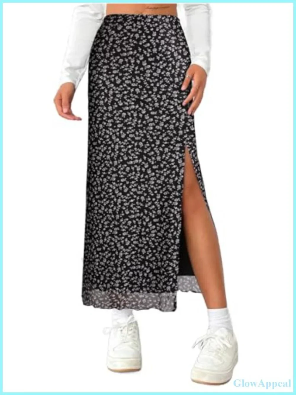 High Waisted Mesh Maxi Skirt with Side Slit and Floral Print for Summer